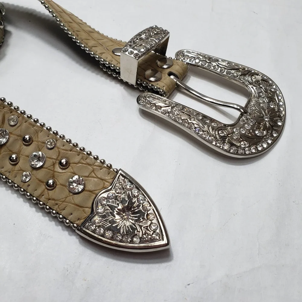 Genuine Leather Bling Western Belt Snakeskin Rhinestones Size Small Fleur-de-lis